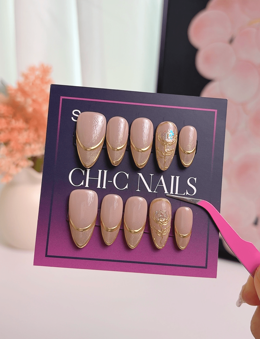 Gold Line French Press On Nails | Nude Almond Nails | Elegant Minimal Gold Design | Handmade Press On Nails