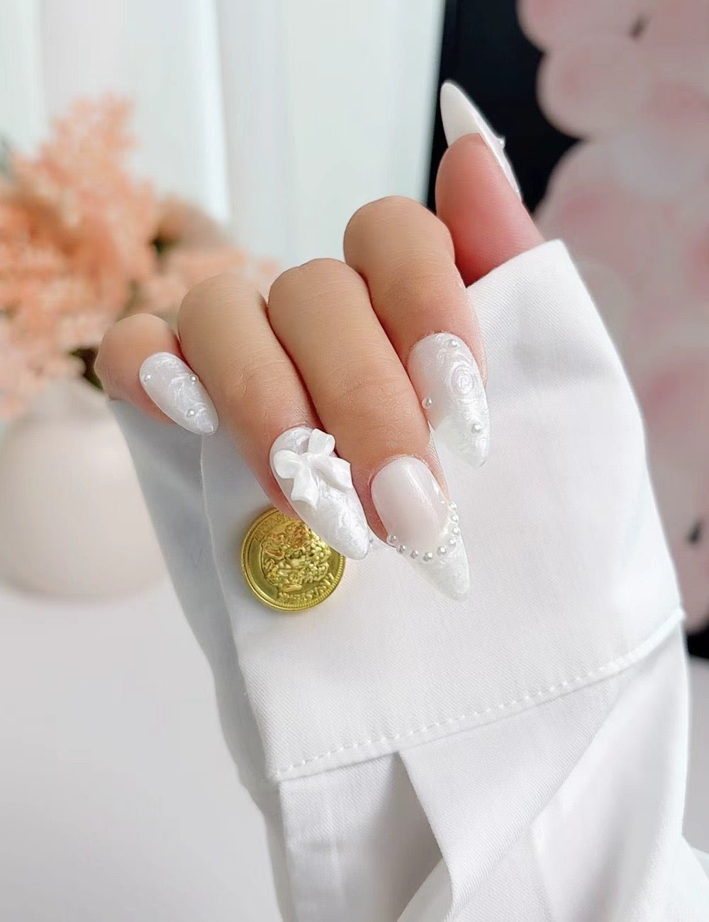 White Bow Press-On Nails | Medium Almond Pearl Handmade Set