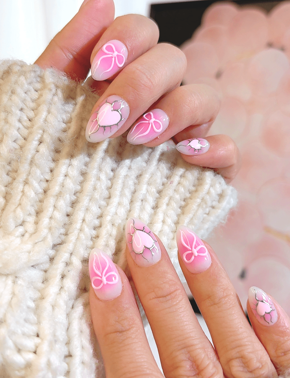 Pink Bow & Heart Press-On Nails – Short Almond | 3D Cute Design