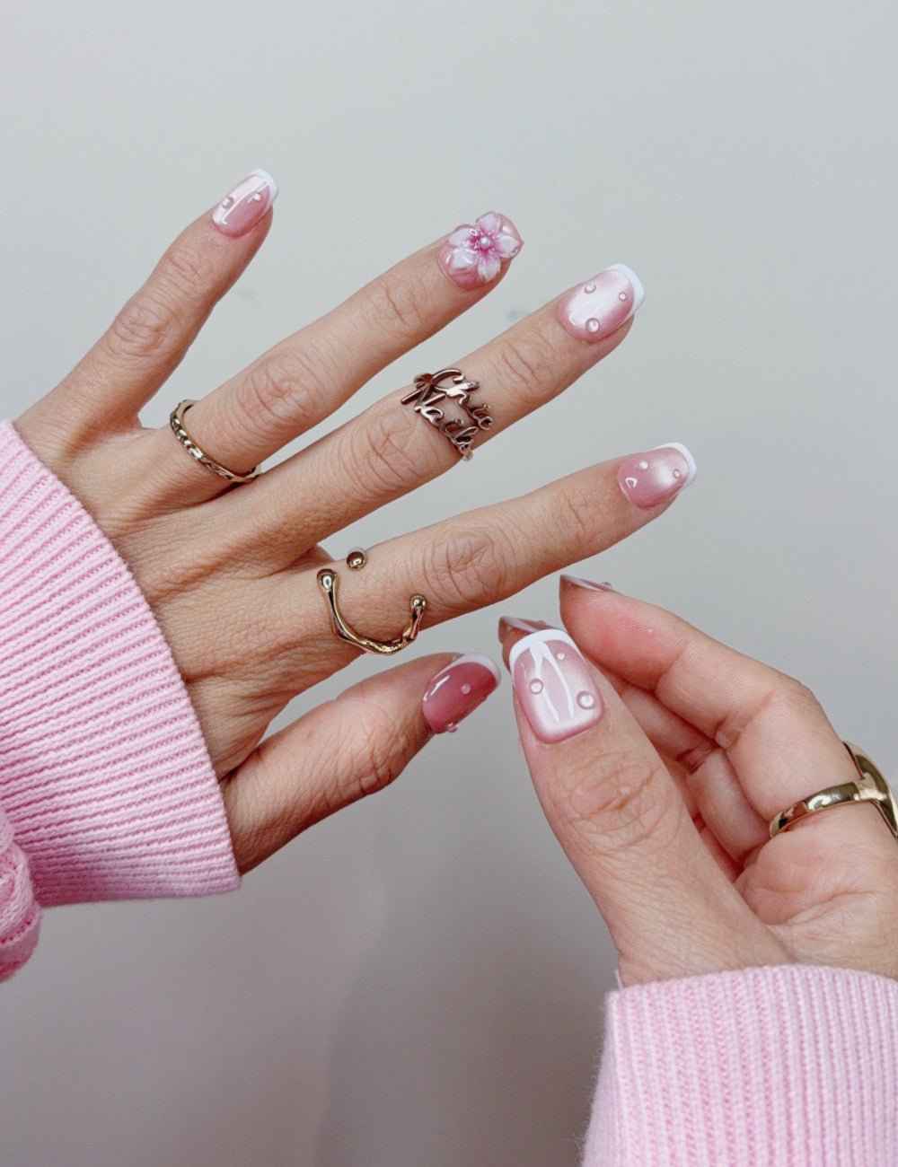 Pink Floral French Extra Short Square Press On Nails