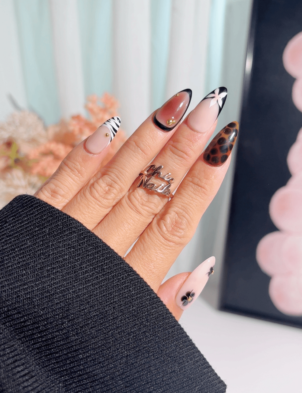 Black & Nude Floral Leopard Press-On Nails – Medium Almond