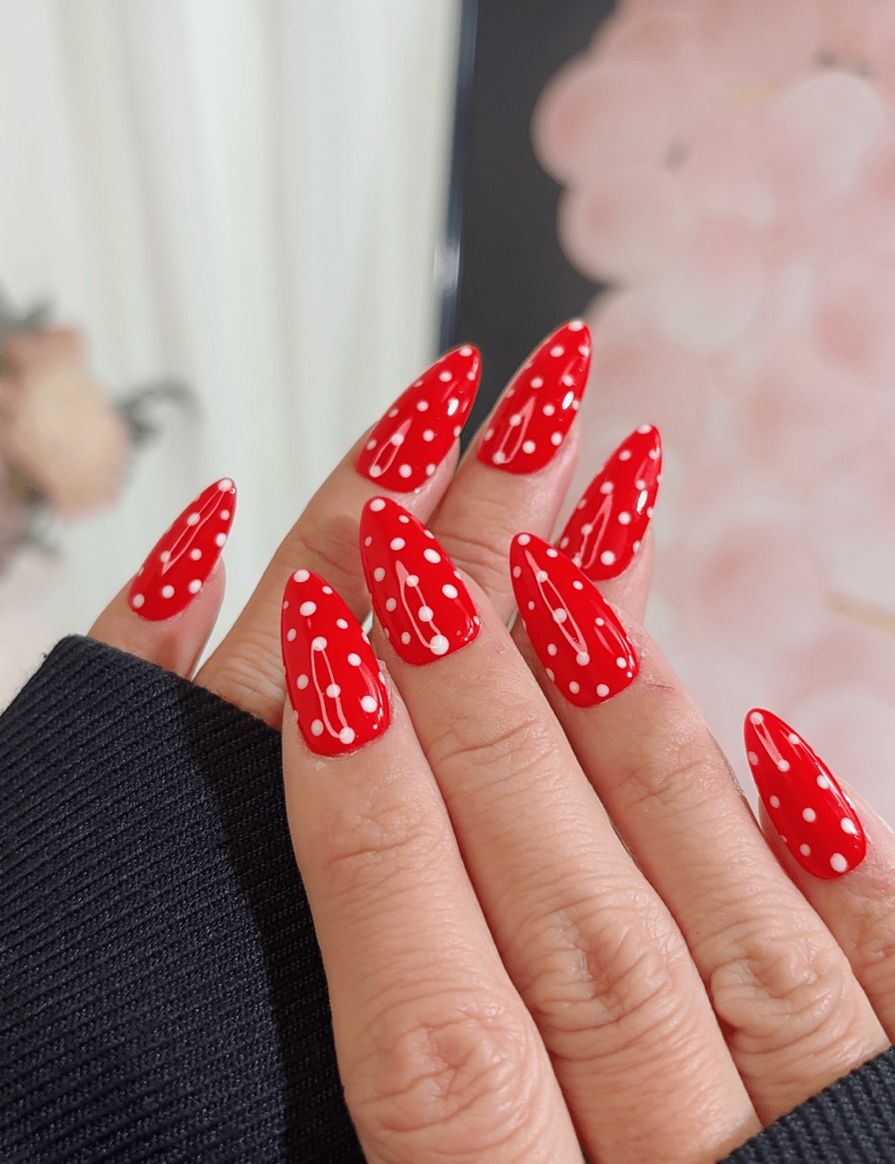 Red Polka Dot Press-On Nails | Medium Almond Reusable