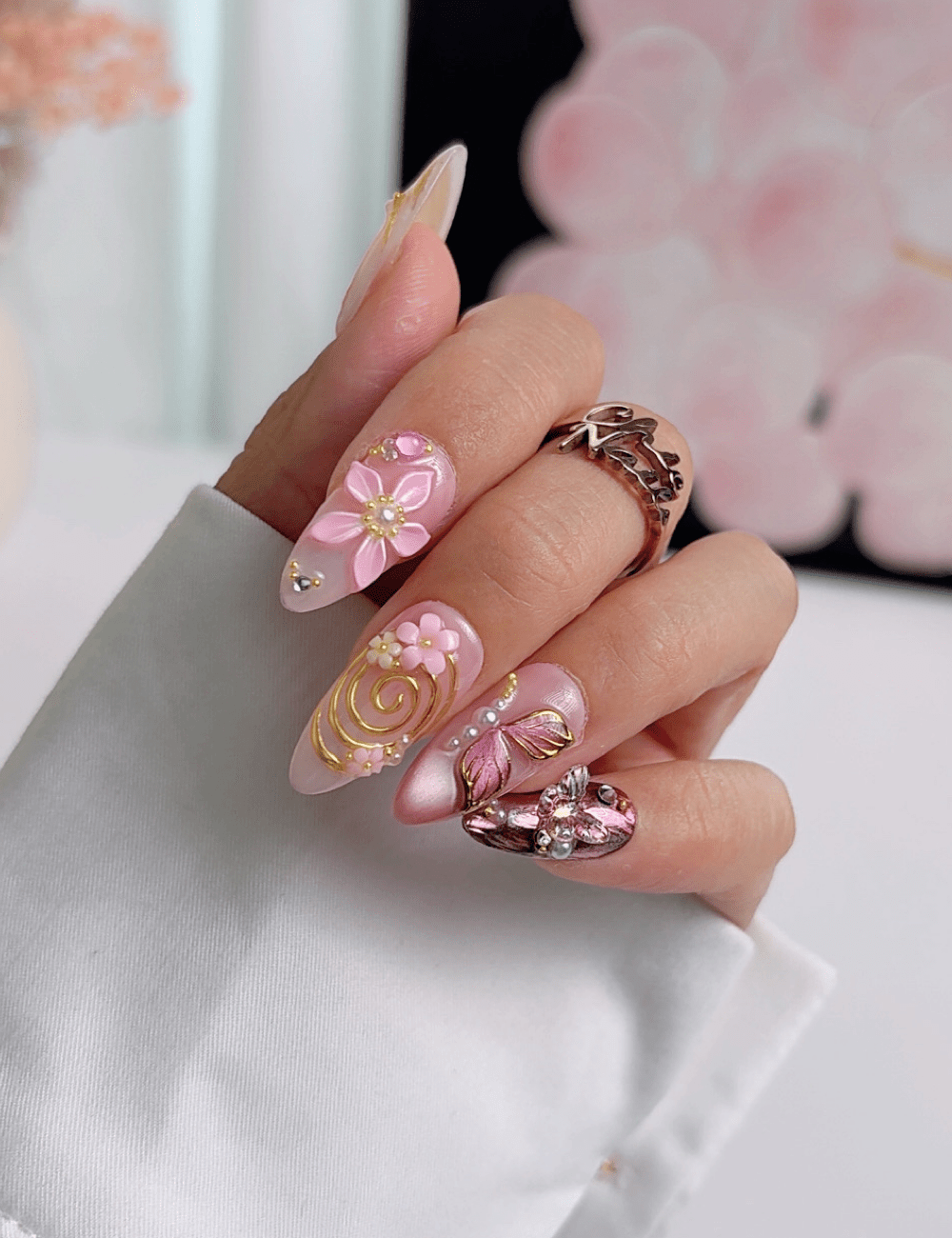 Luxury 3D Flower Press On Nails – Medium Almond Pink Gold Butterfly Design