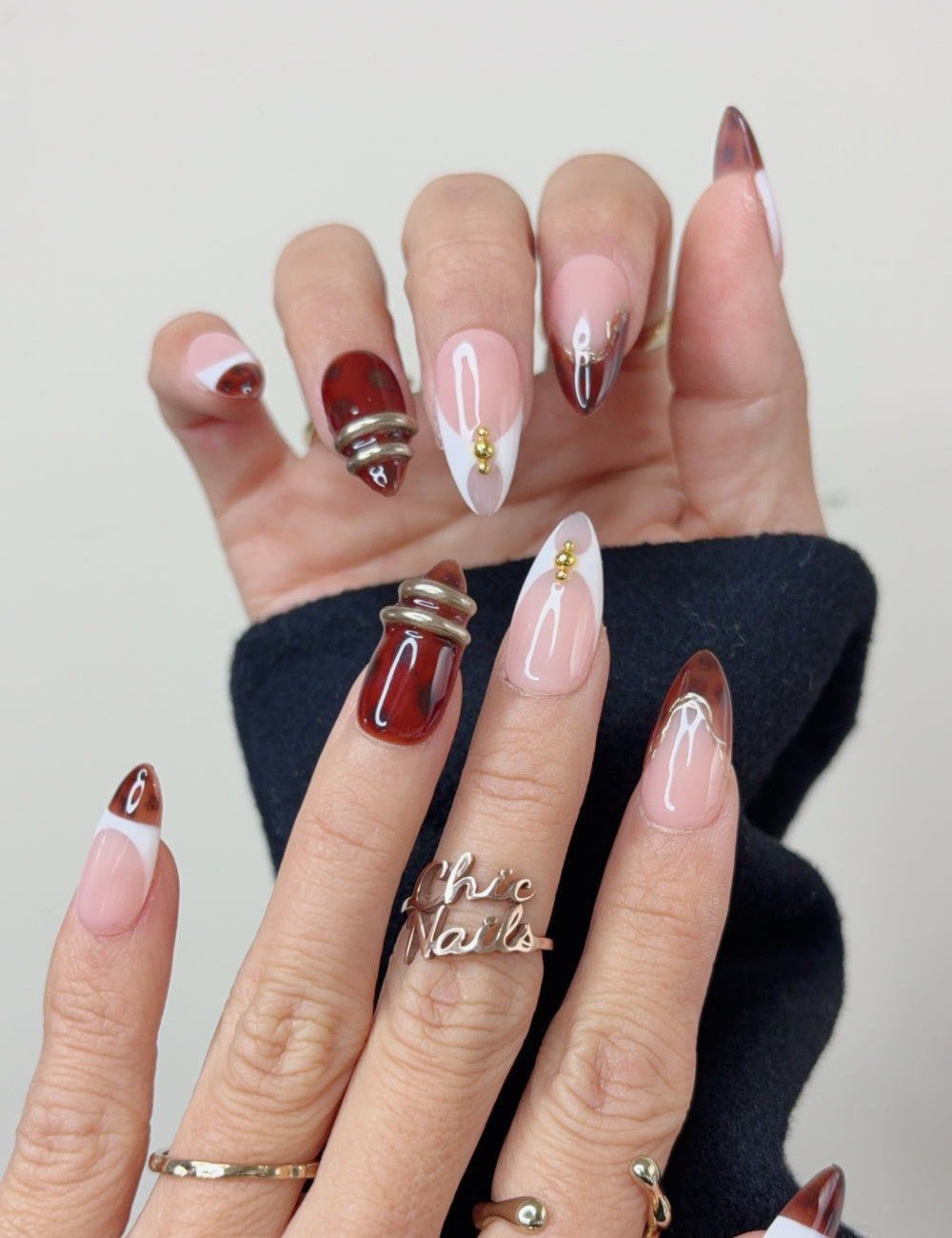 Burgundy Glass French Medium Almond Press On Nails