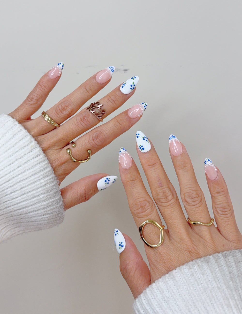 Blue Floral French Short Almond Press On Nails