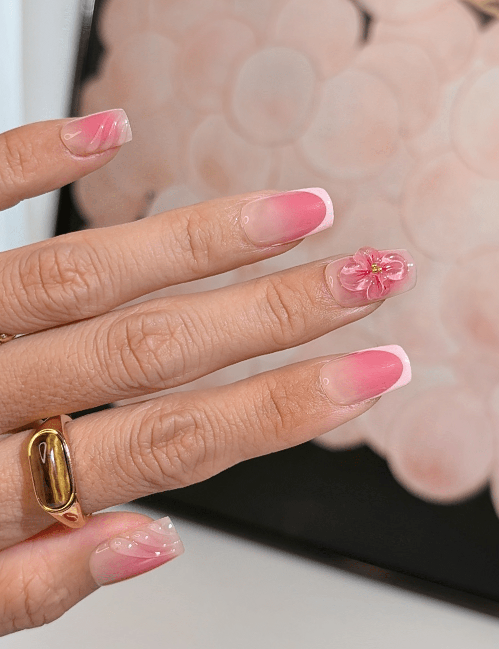 Pink Ombre Floral Press-On Nails – 3D Flower Design | Middle Square Soft Spring Look