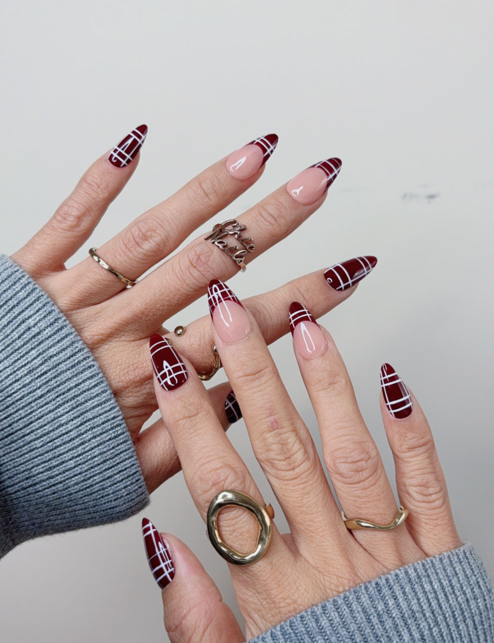 Burgundy Plaid French Medium Almond Press On Nails