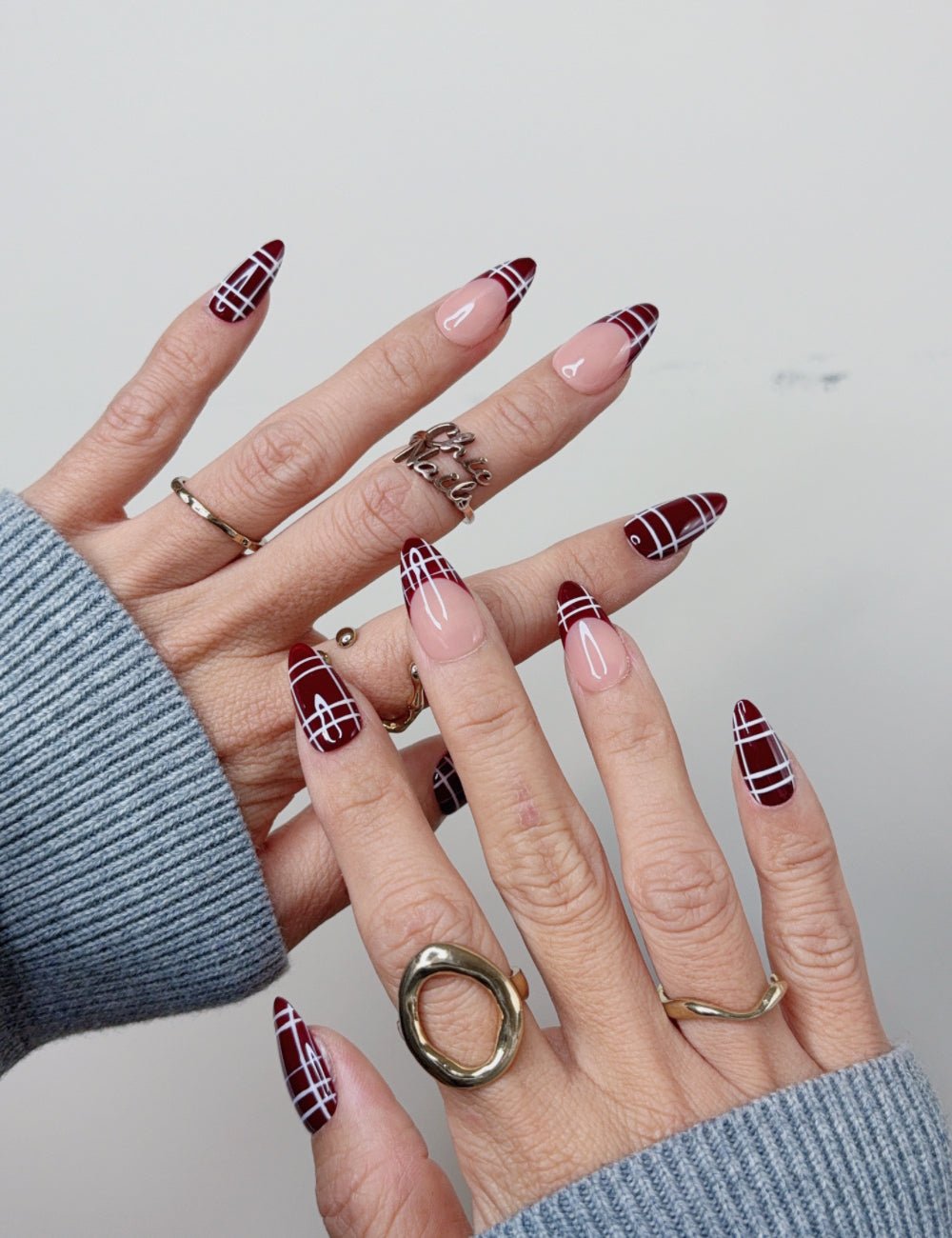 Burgundy Plaid French Medium Almond Press On Nails