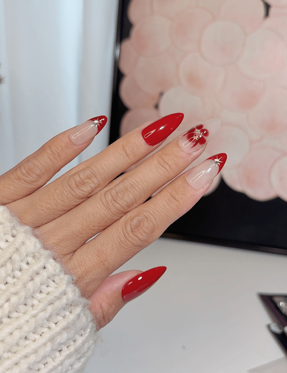 Red Floral French Press-On Nails