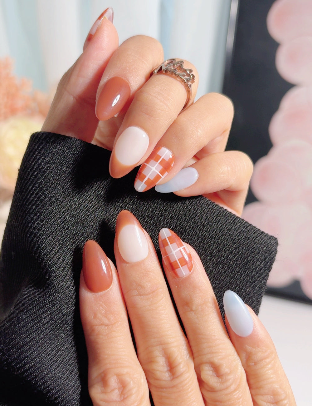 Terracotta Gingham & French Tip Press On Nails | Autumn Harvest Edition