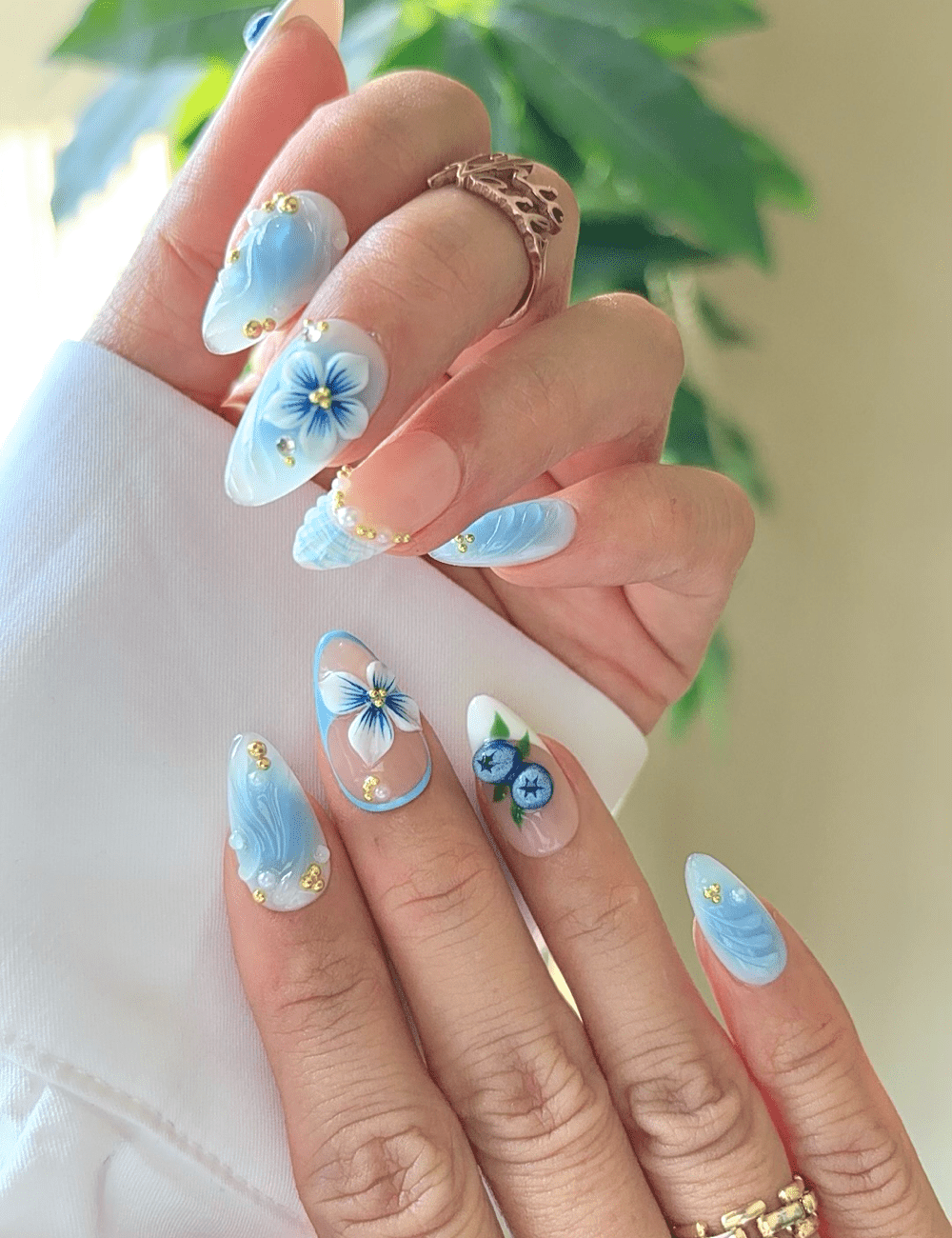 Blue Wave Blossom Press-On Nails – 3D Floral & Ocean-Inspired Design