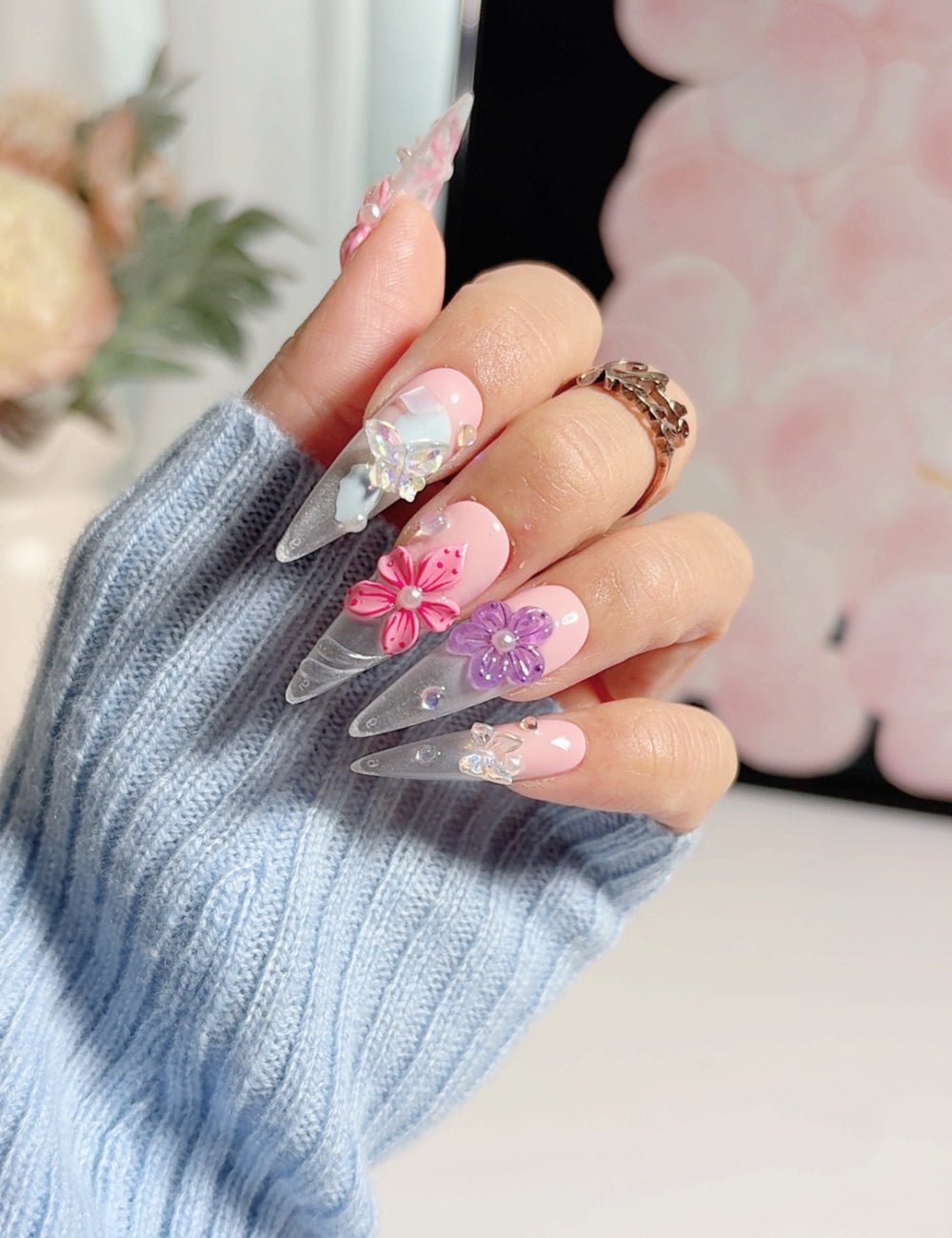 Stiletto Clear Pink Press-On Nails – 3D Flower Butterfly Rhinestone Nails