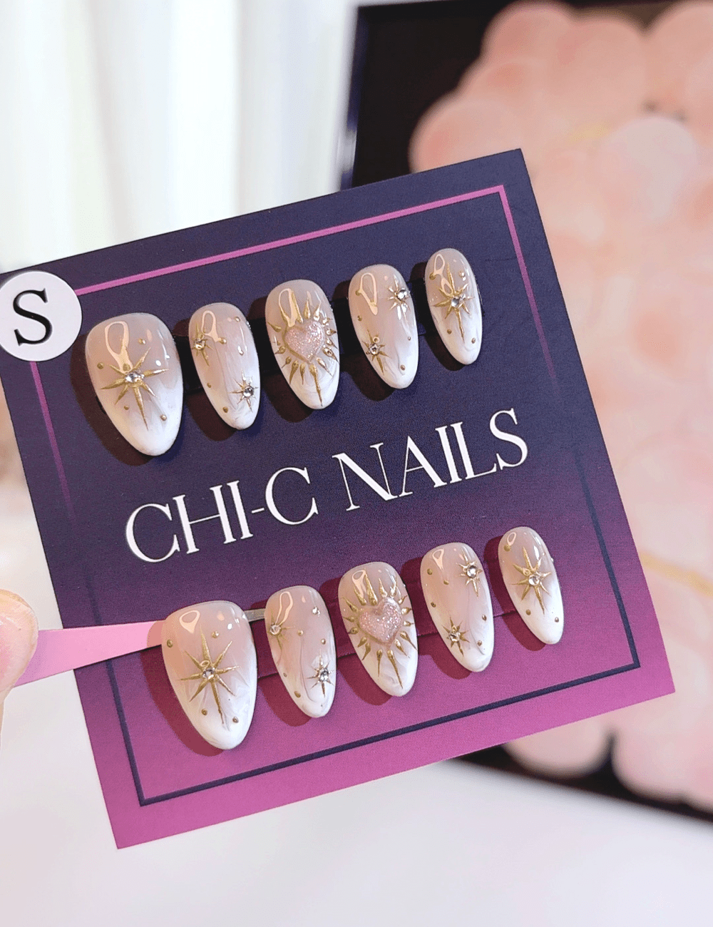 Pink Heart |Star Press-On Nails – Short Almond | White Ombre Glitter Design