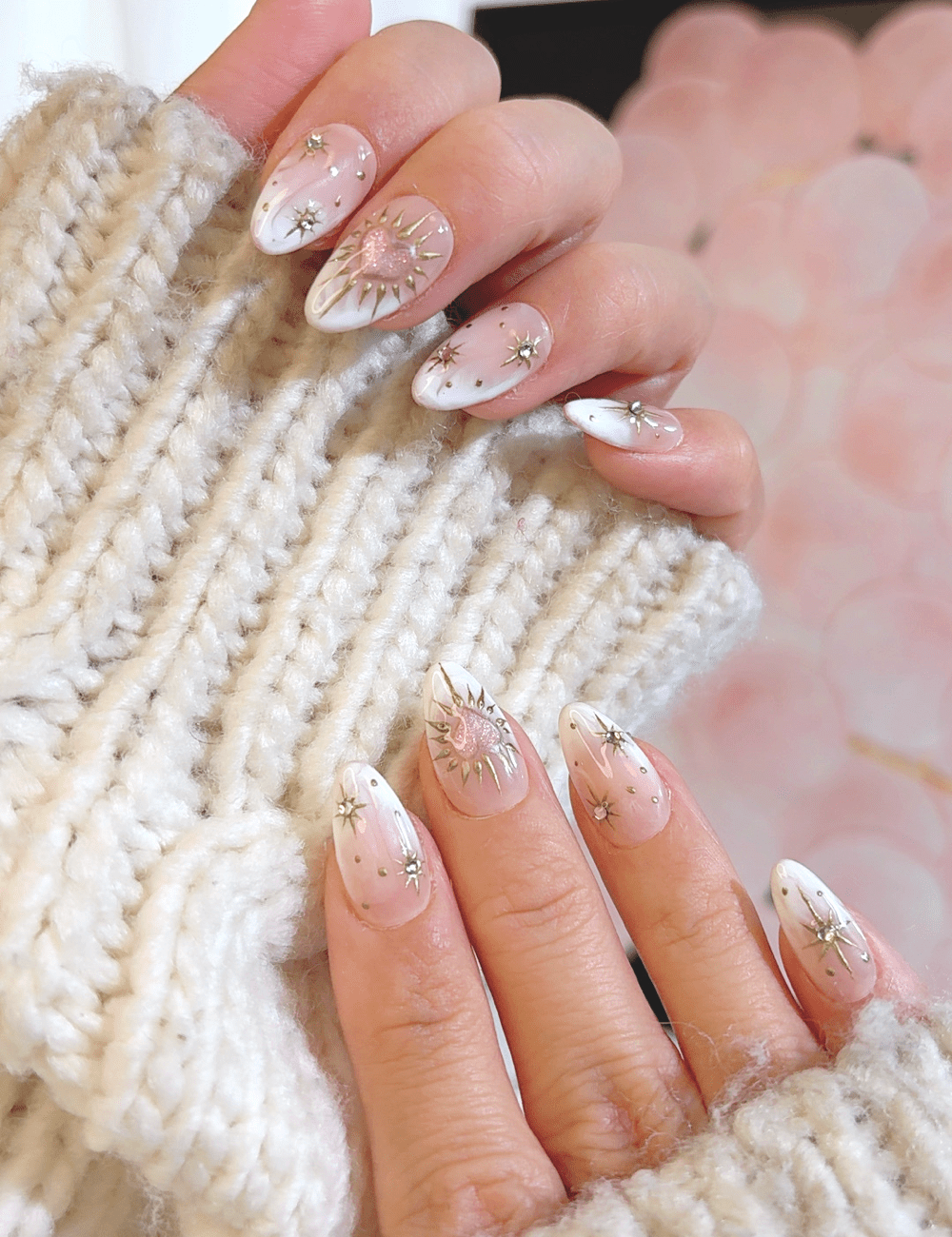 Pink Heart |Star Press-On Nails – Short Almond | White Ombre Glitter Design