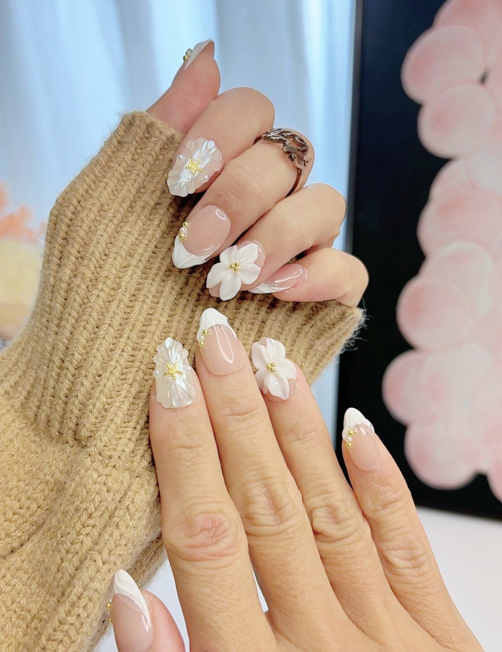 Handmade White French Pearl 3D Floral Short Almond Press-On Nails