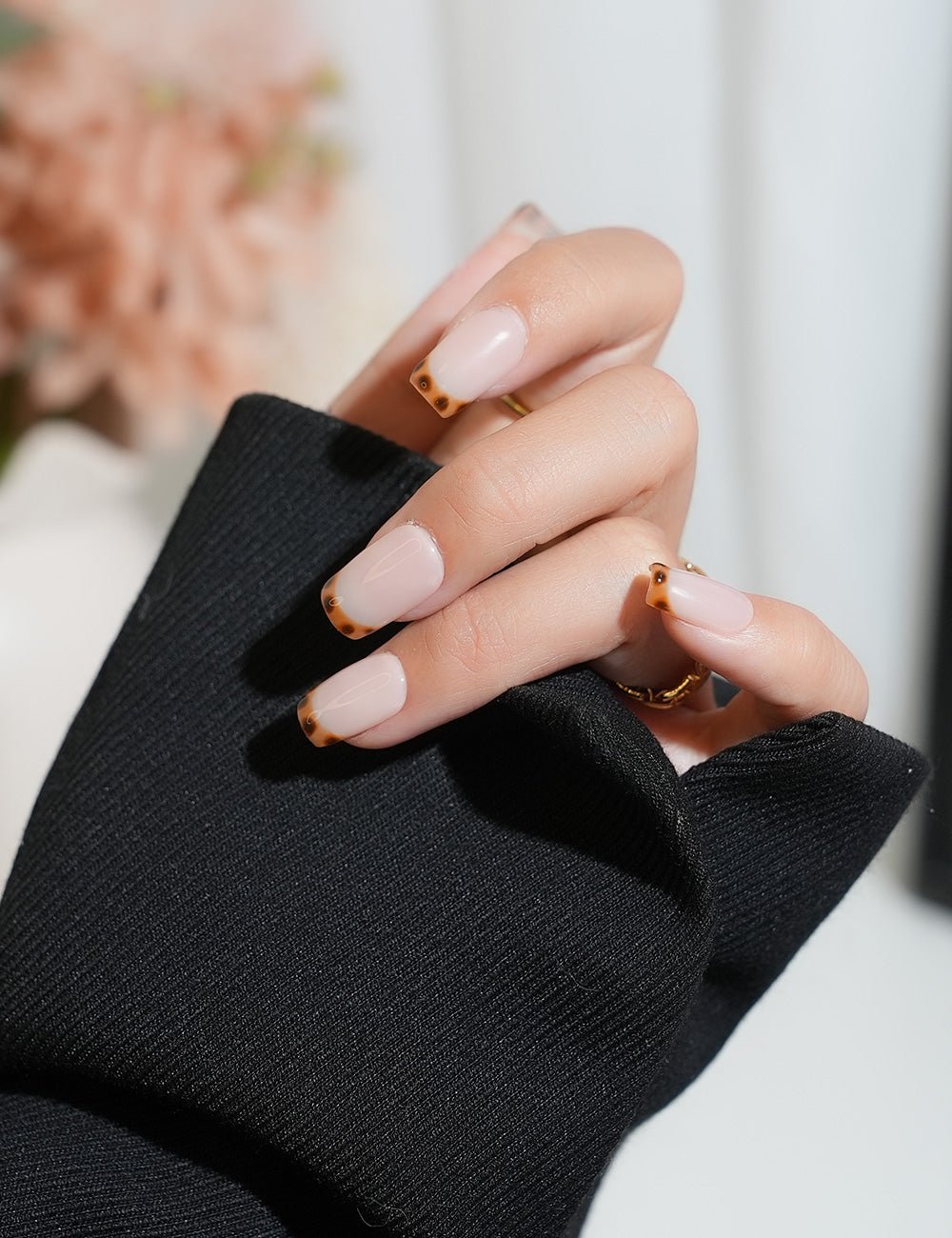 Tortoiseshell French Tip Press-On Nails – Short Square with Nude Base