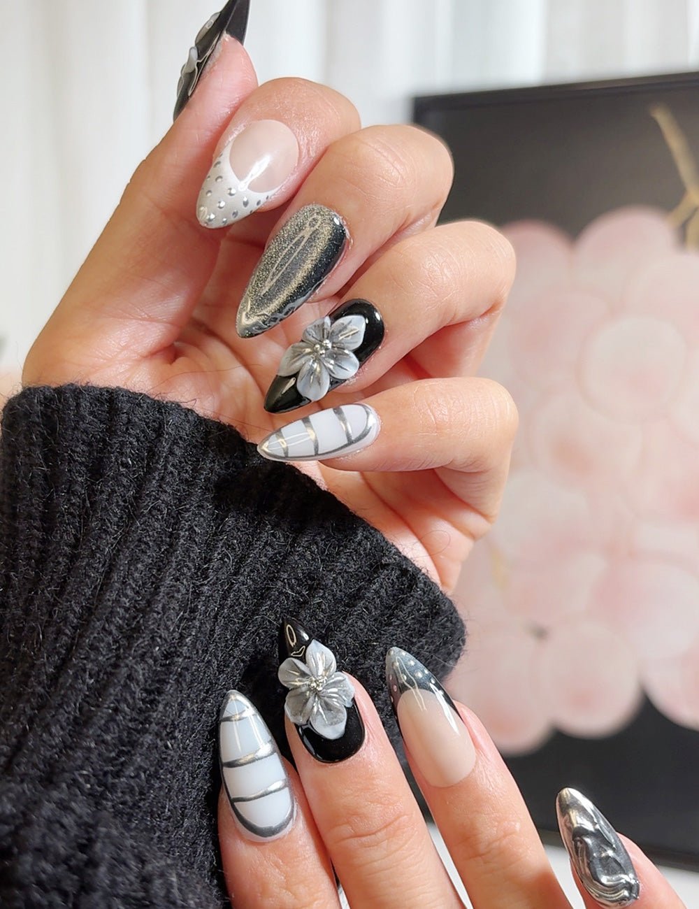 Monochrome Bloom – Black & Grey 3D Floral Press-On Nails (Medium Almond)