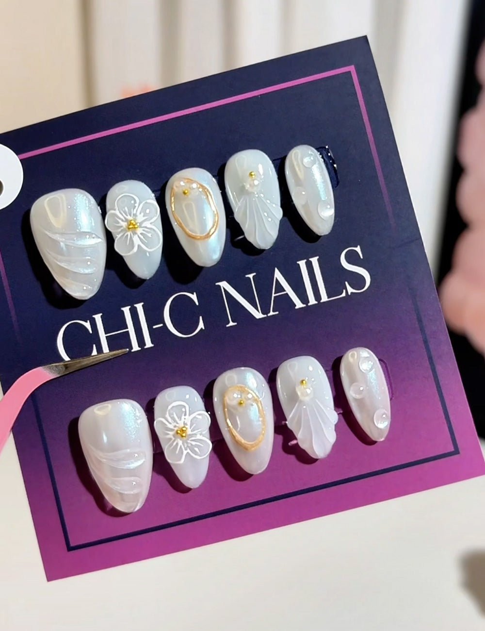Pearl Veil Press-On Nails – White 3D Florals with Aurora Shine