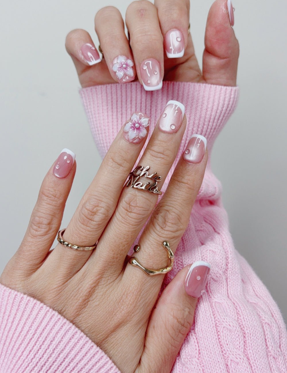 Pink Floral French Extra Short Square Press On Nails