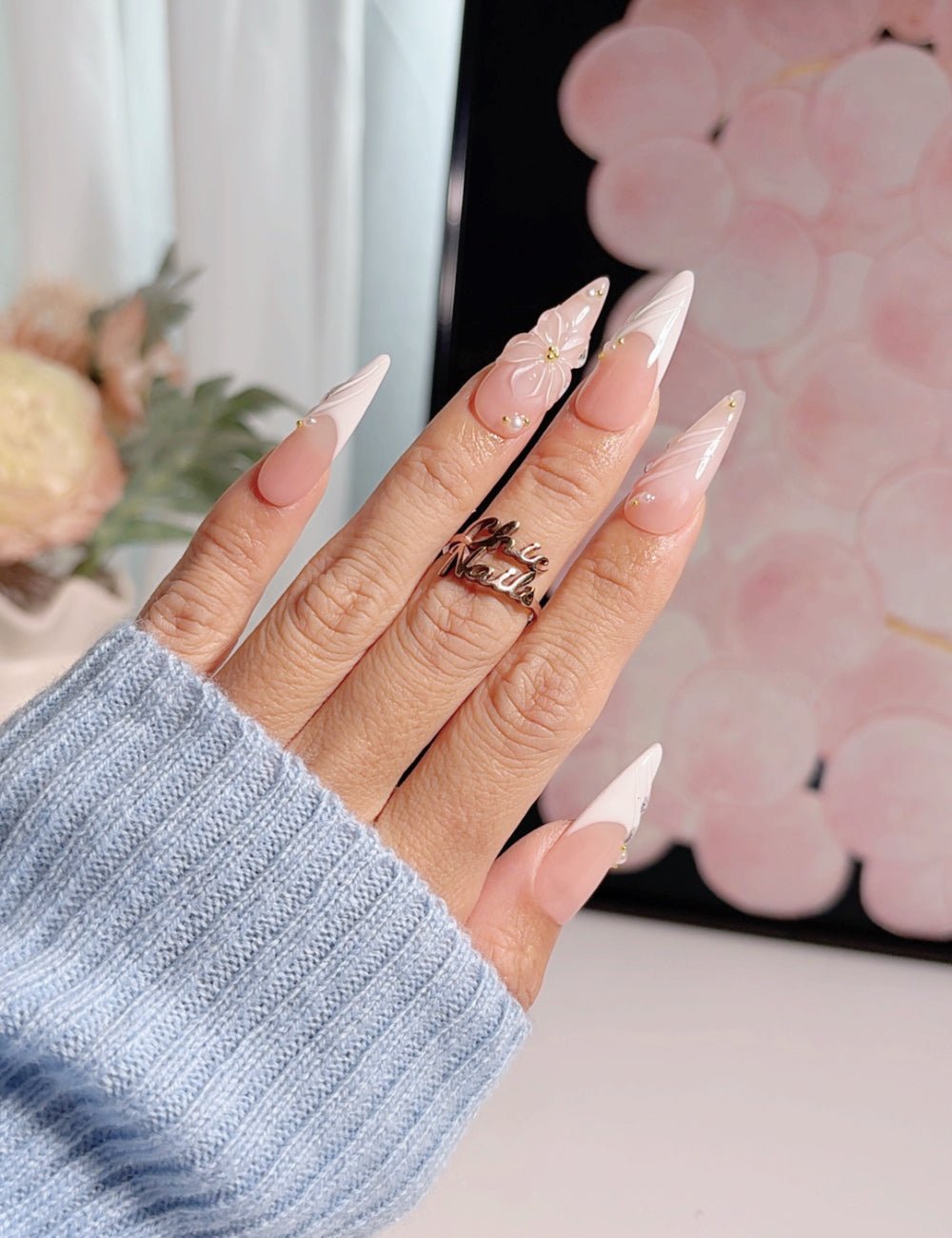 Stiletto Nude Pink Press-On Nails – White French Tip 3D Floral Elegant Nails