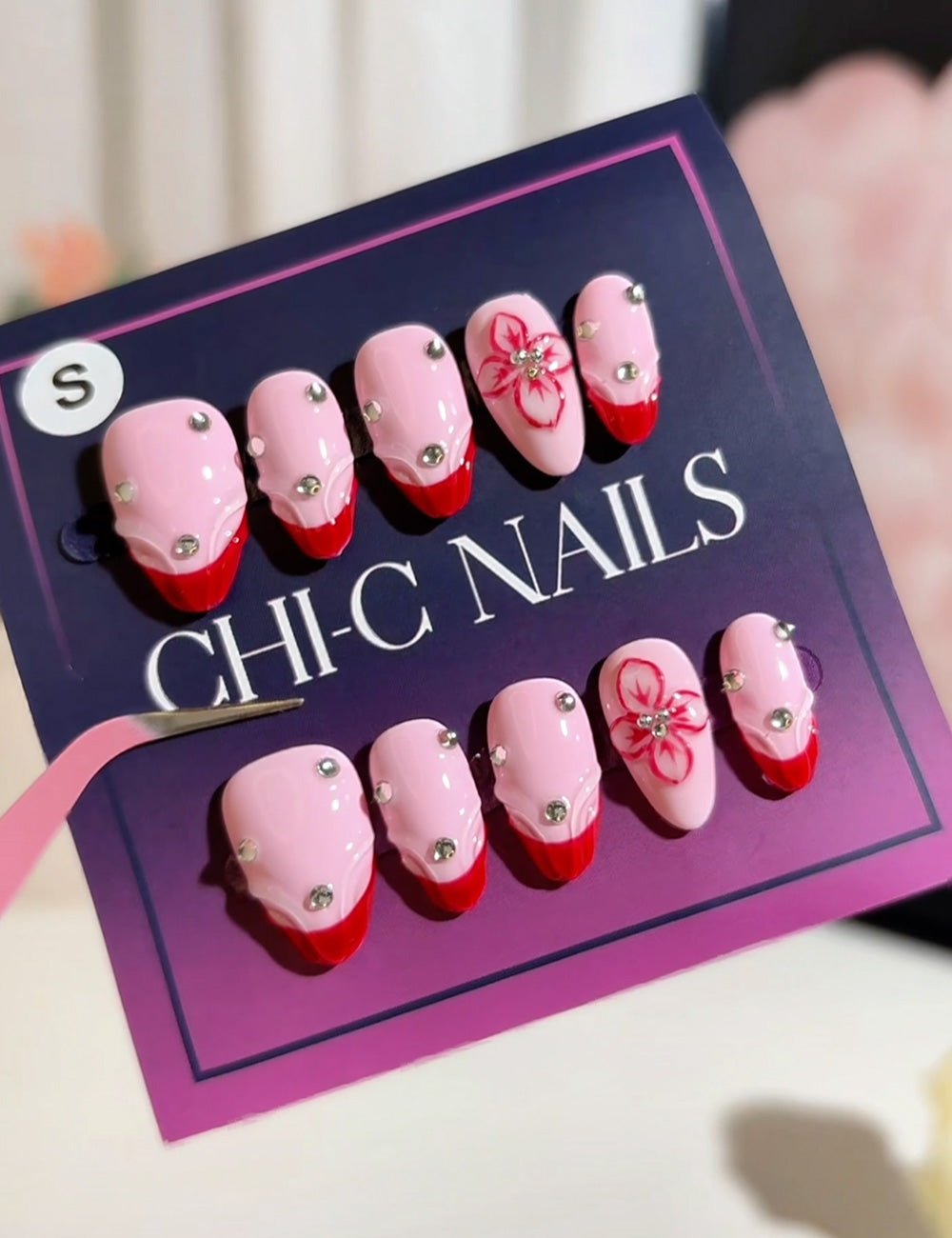 Sweetheart Bow Press-On Nails – Pink & Red French with 3D Ribbon Charm