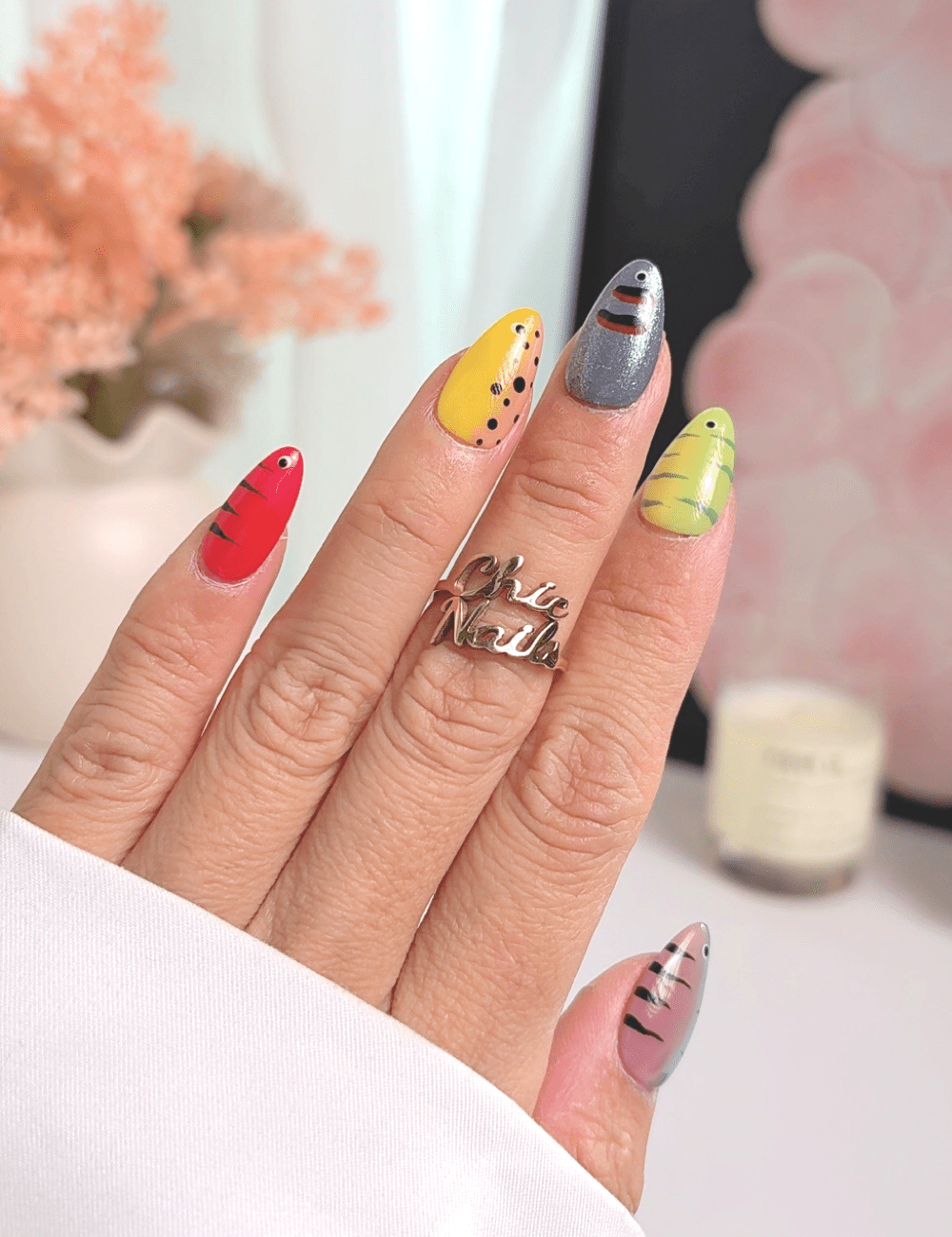 Colorful Cartoon Press On Nails with Glue, Short Almond, Handmade Graphic Art Nails, Playful Statement Nails