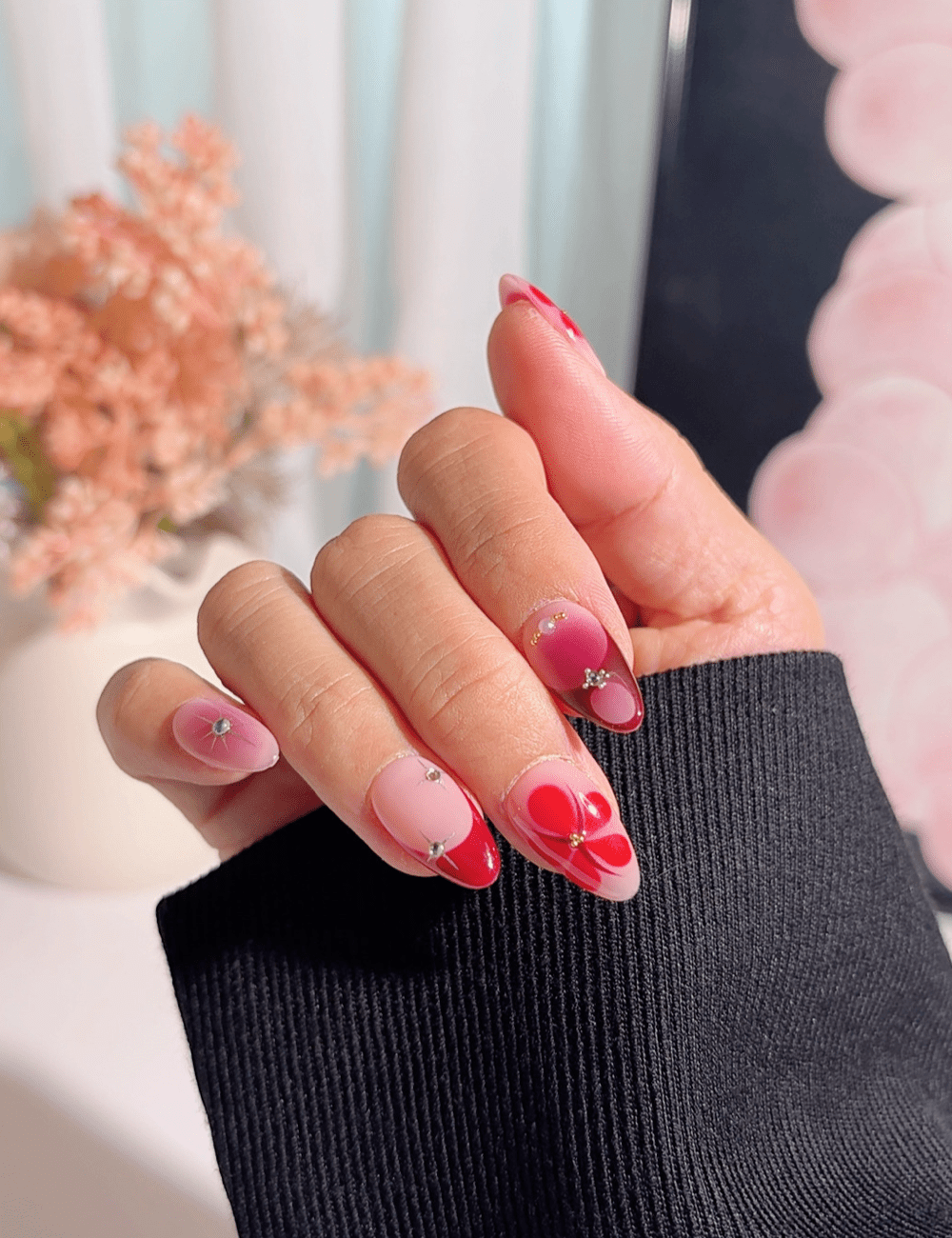 Pink Red Floral Press-On Nails – Short Almond