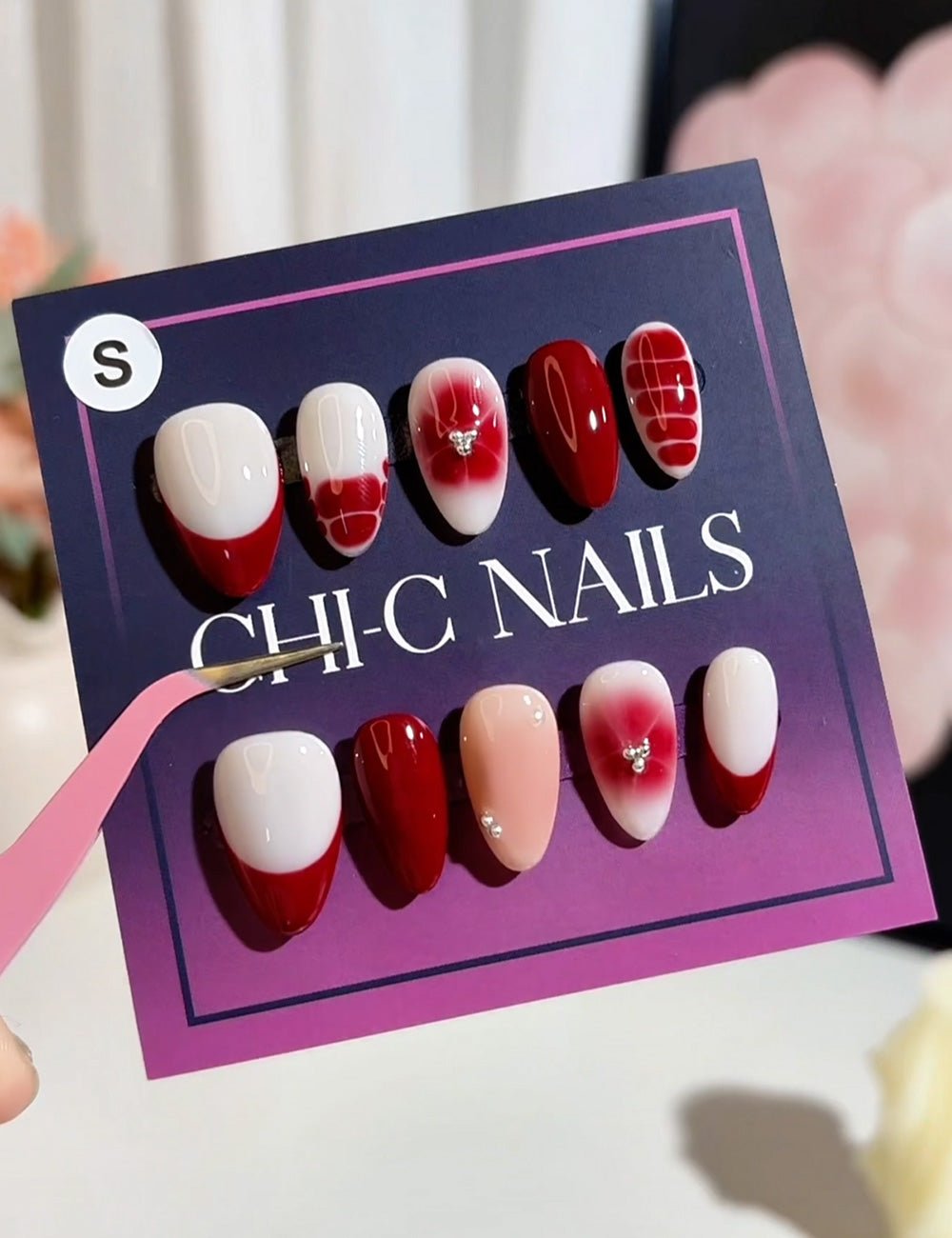 Cherry Mood Press-On Nails – Red Gradient & Checkered Heart Set (10-Piece)