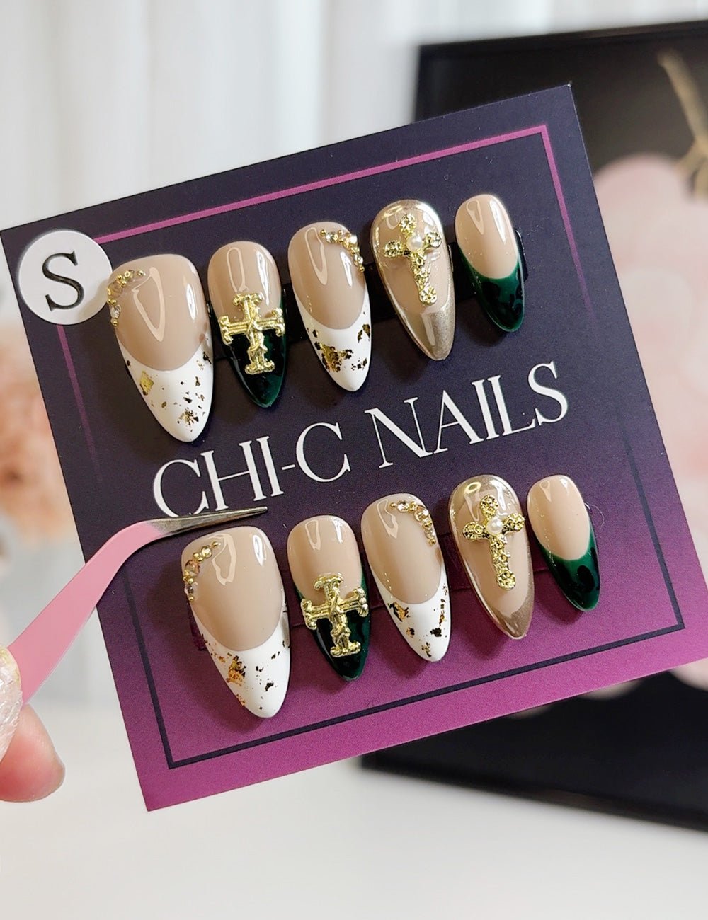 Divine Luxe – Green & Gold Cross Press-On Nails with Foil Tips (Medium Almond)