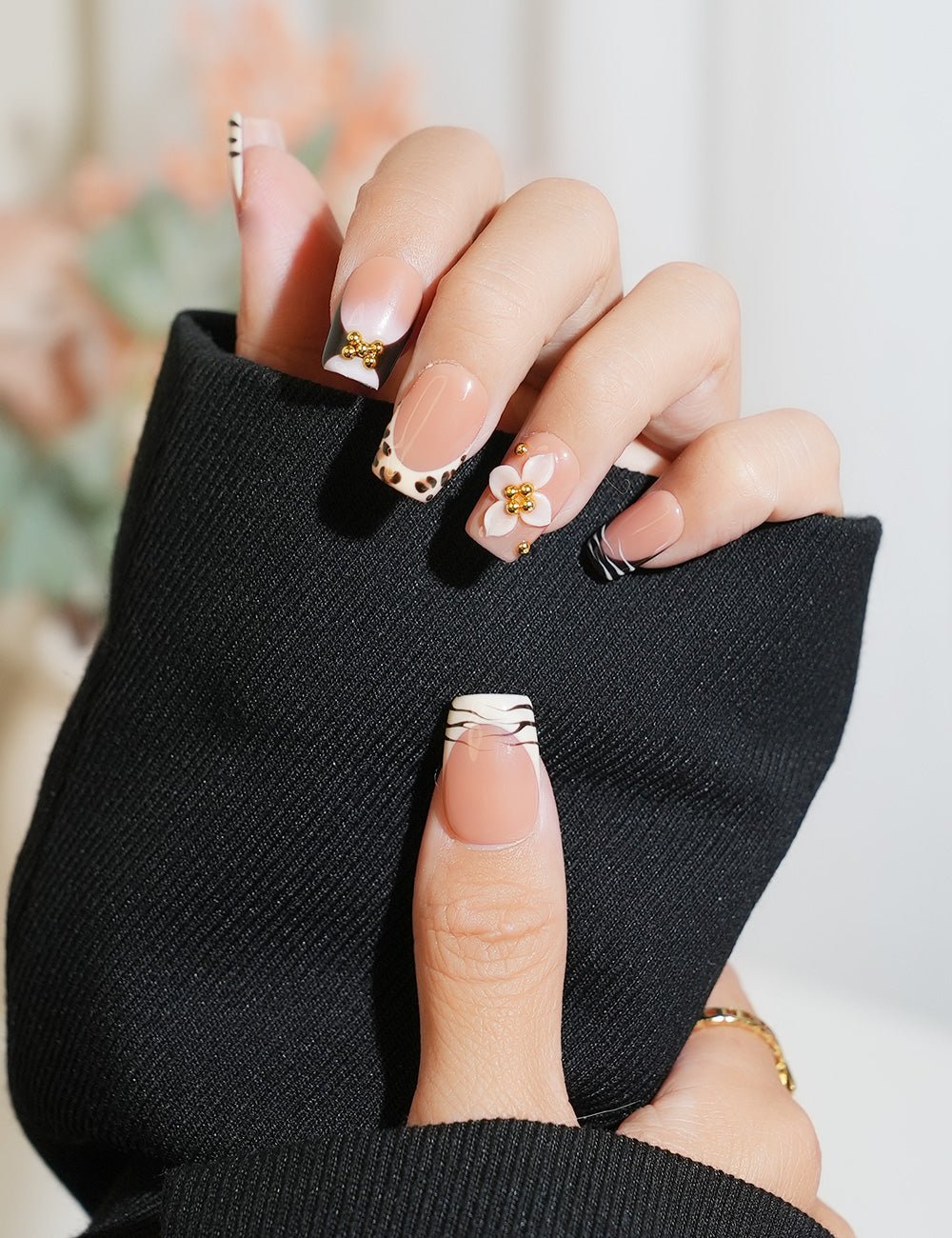Leopard Floral Press-On Nails – Square Shape with 3D Flower Gold Details