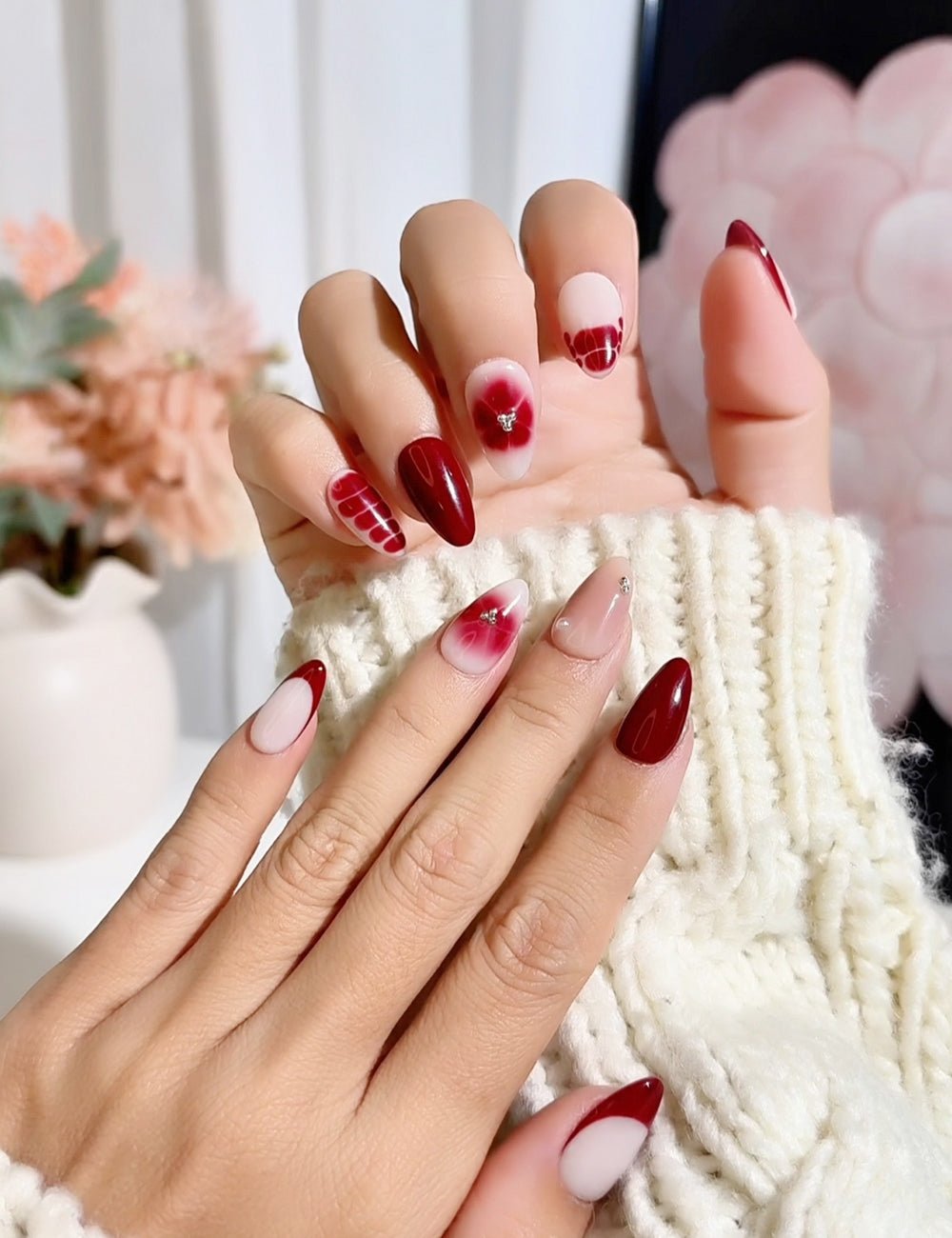 Cherry Mood Press-On Nails – Red Gradient & Checkered Heart Set (10-Piece)