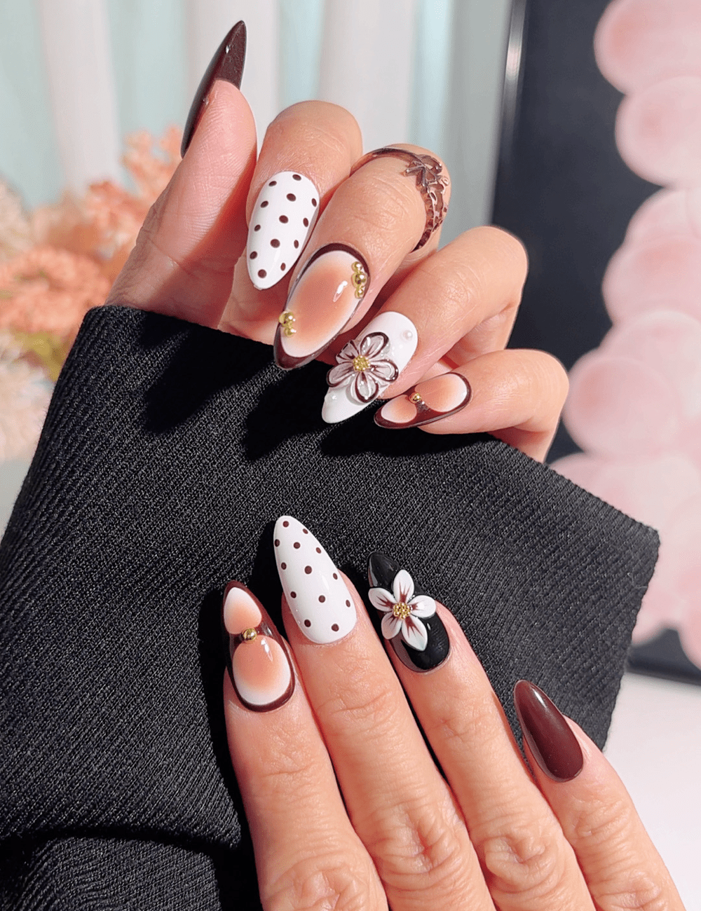 Brown Nude Floral Polka Dot Press-On Nails – Medium Almond
