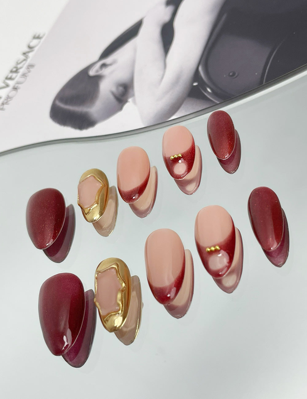 Crimson Charm Press-On Nails – Deep Red & Gold Accent Elegance