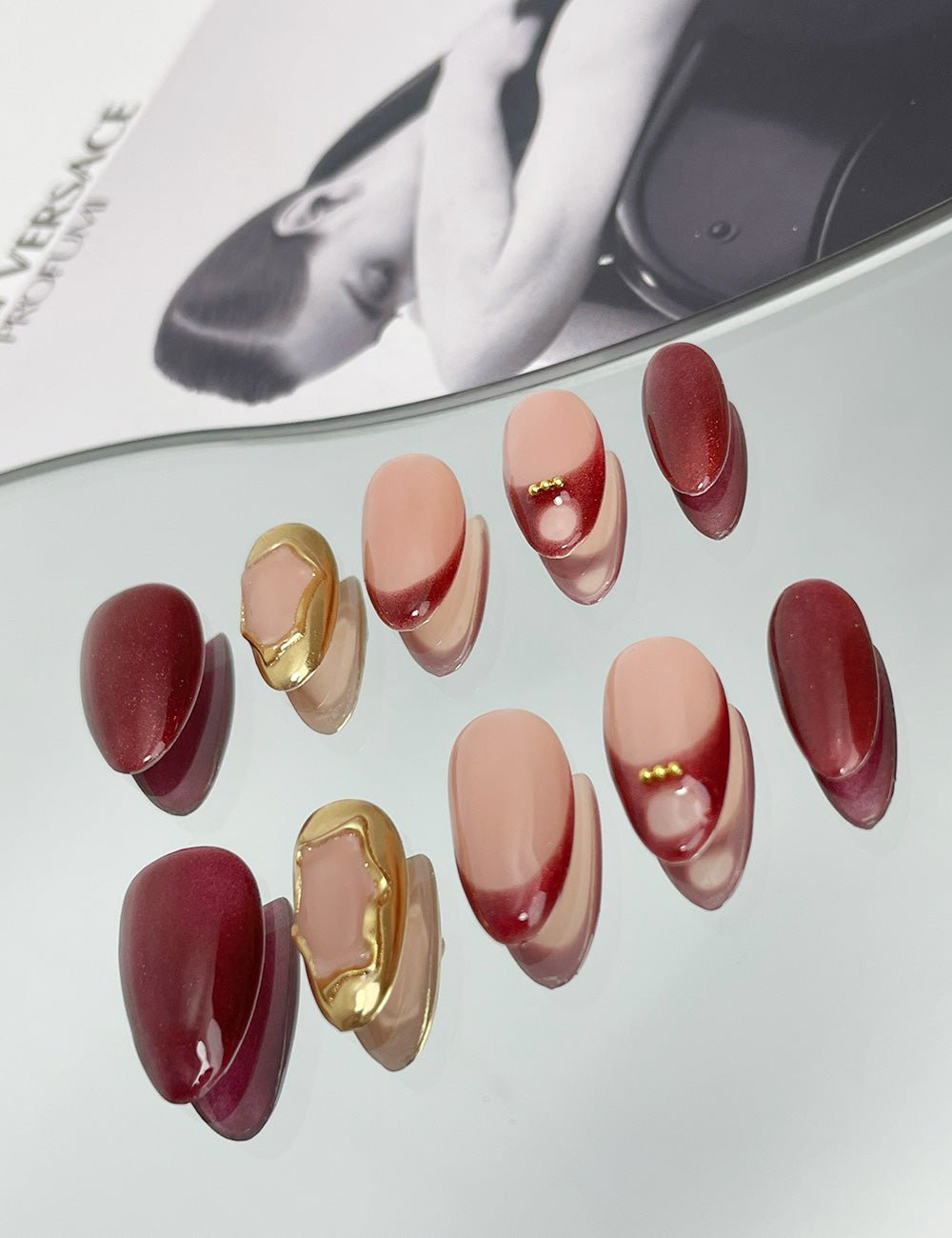 Crimson Charm Press-On Nails – Deep Red & Gold Accent Elegance