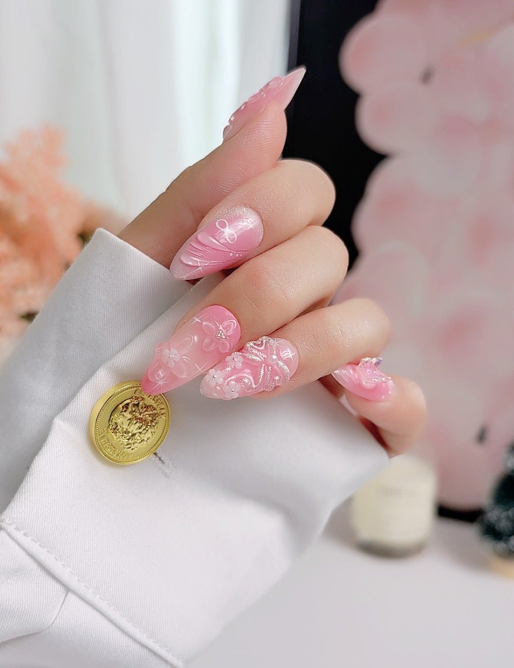 Pink Floral Press On Nails with Glue, Medium Almond, Handmade 3D Flower Nails, Soft Gradient Artistic Nails