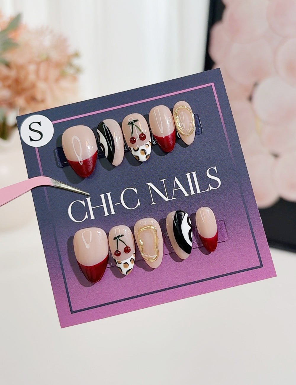 Cherry Jungle Press-On Nails – Leopard, Zebra, Cherry & Red French Tips