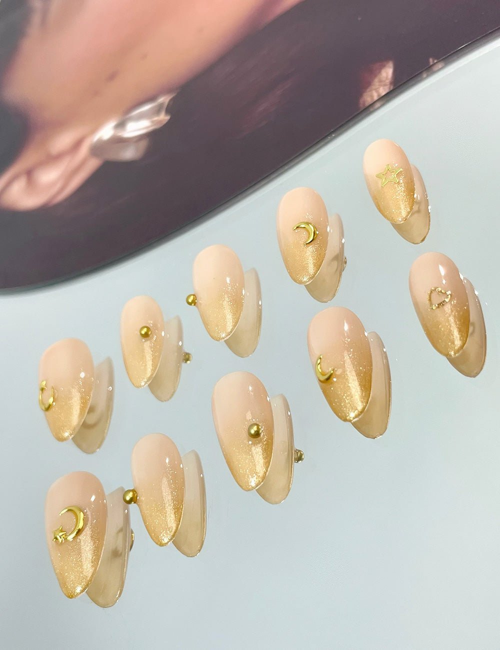 Golden Glow Press On Nails Short Almond Elegant Style