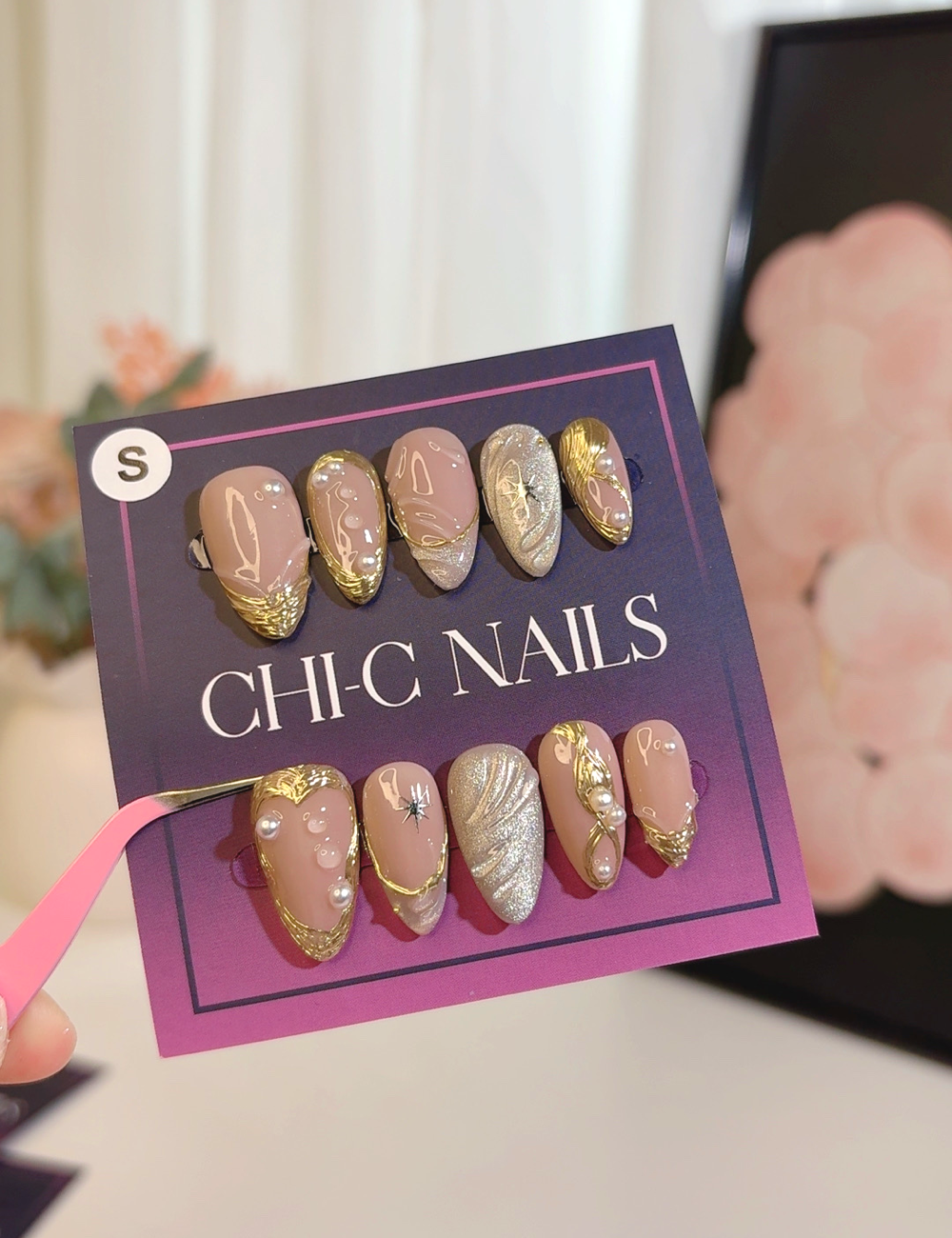 Gold French Pearl Press-On Nails – Medium Almond Luxe Swirl & Star Design