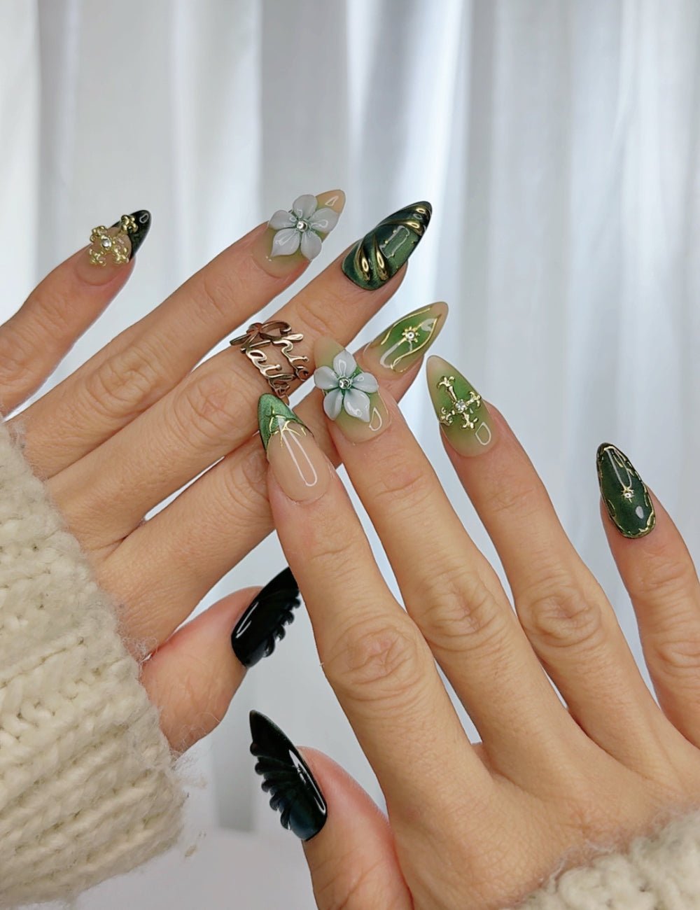 Forest Bloom Cross Press-On Nails | Green Marble Floral Nail Set