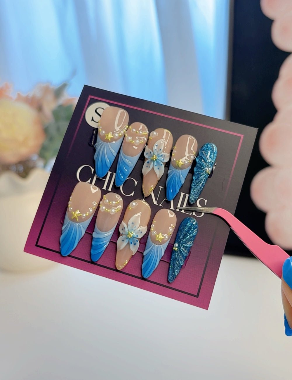 Handmade Blue Floral Long Stiletto Press-On Nails