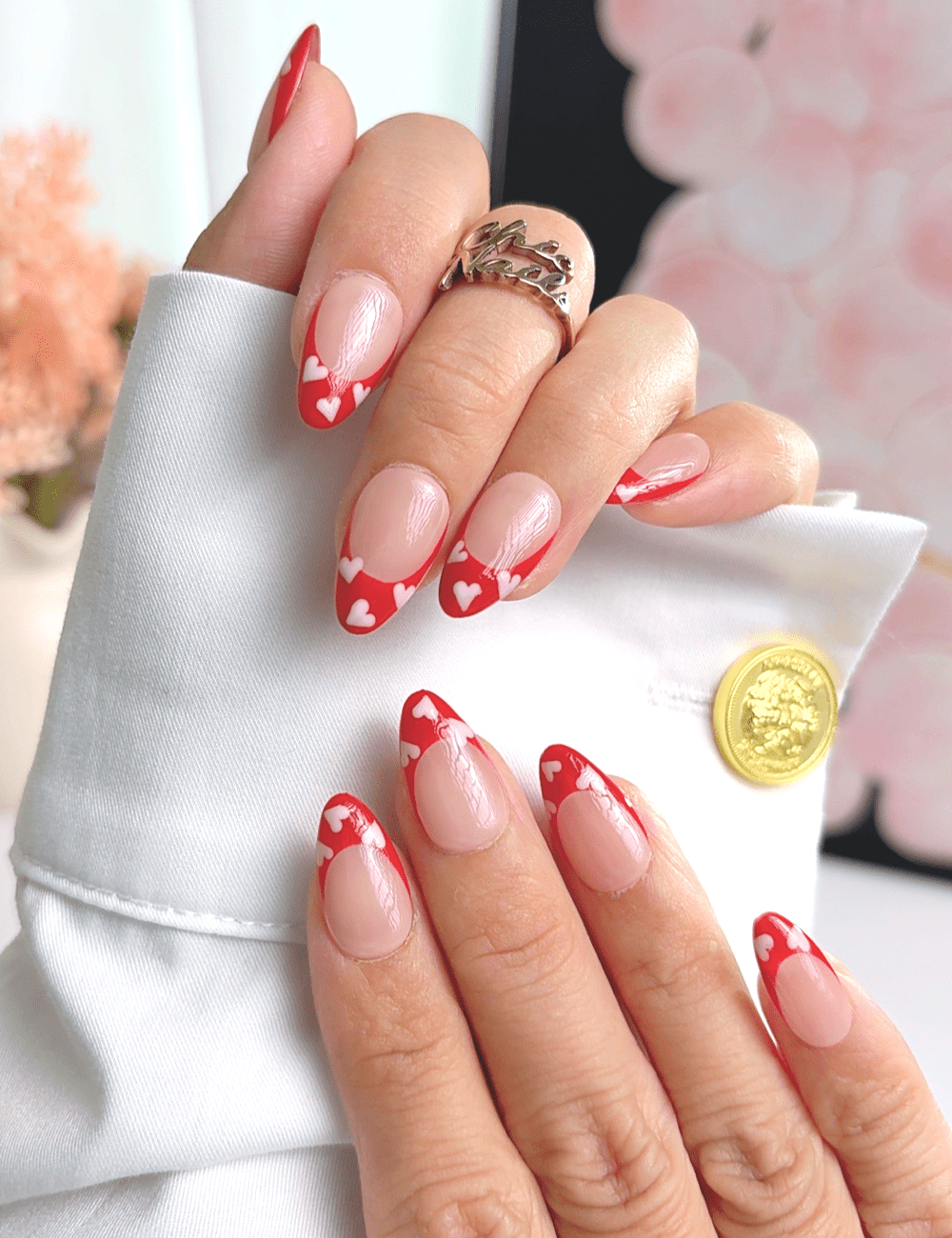 Red Heart French Press On Nails | Nude Short Almond Nails | Valentine Heart Design | Handmade Press On Nails