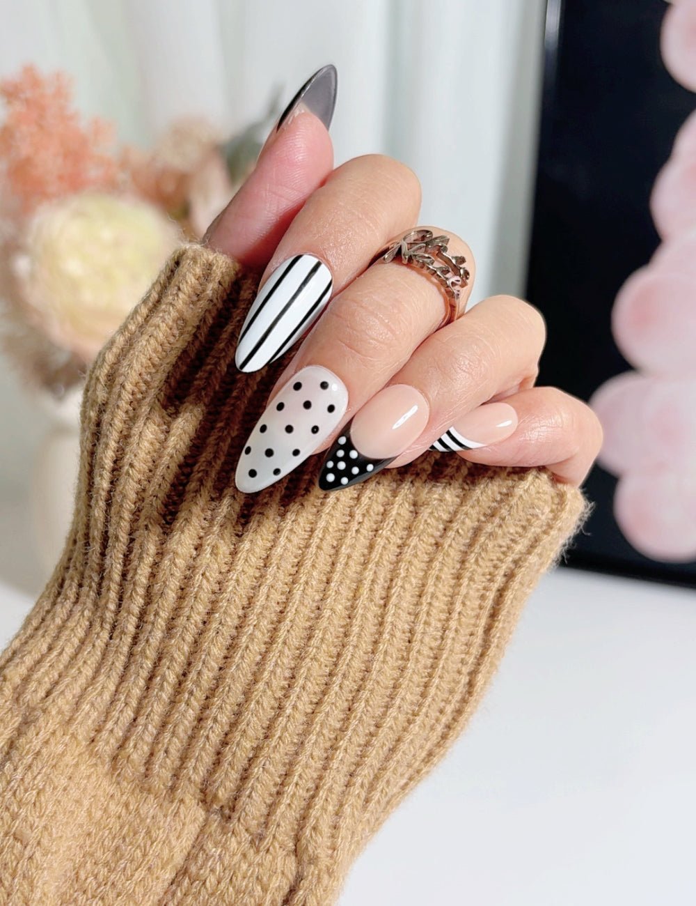 Monochrome Dot & Stripe Medium Almond Nails