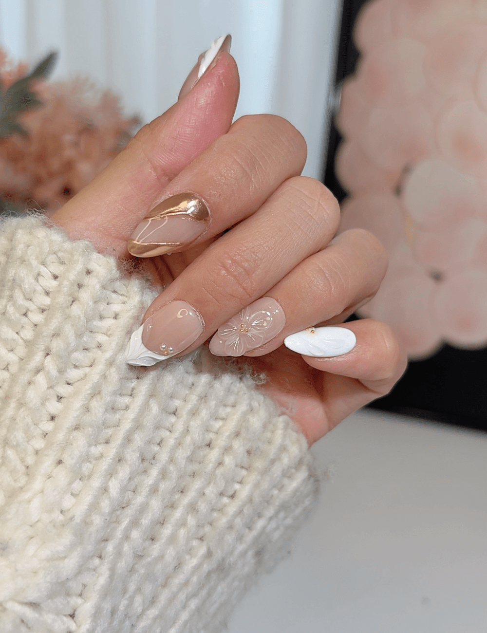 Gold Chrome & White Flower Press-On Nails
