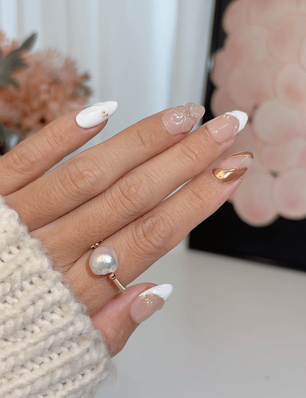 Gold Chrome & White Flower Press-On Nails