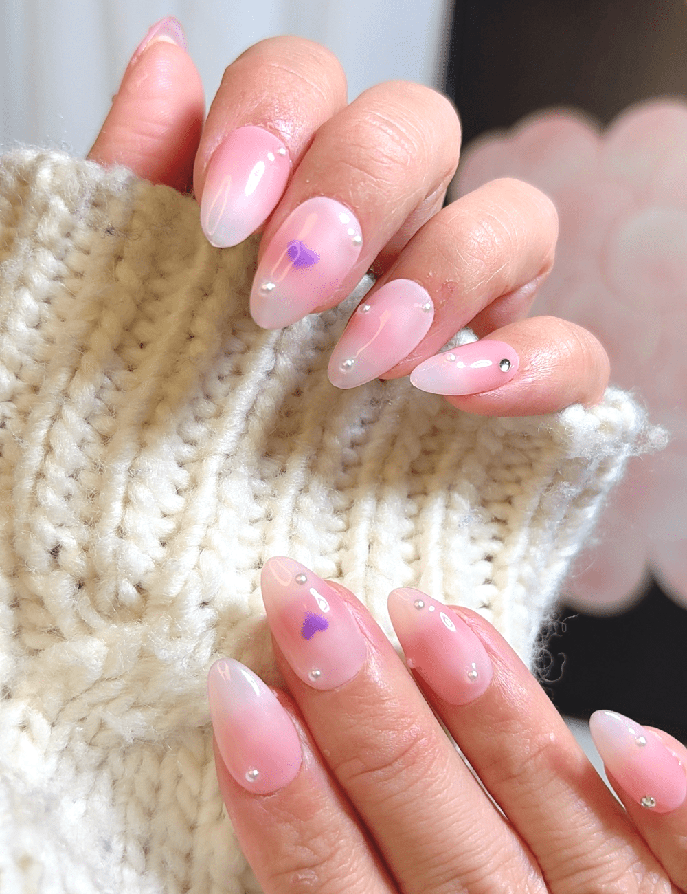 Pink Heart Pearl Press-On Nails – Soft Almond Design for Cute & Elegant Looks
