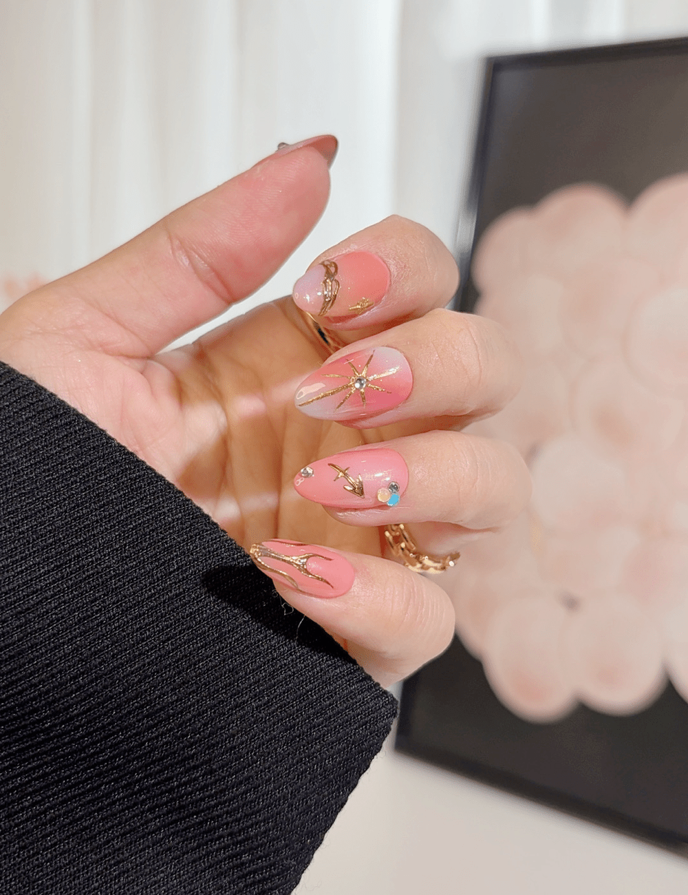 Coral Pink Celestial Press-On Nails – Short Almond with Gold Star & Moon Accents