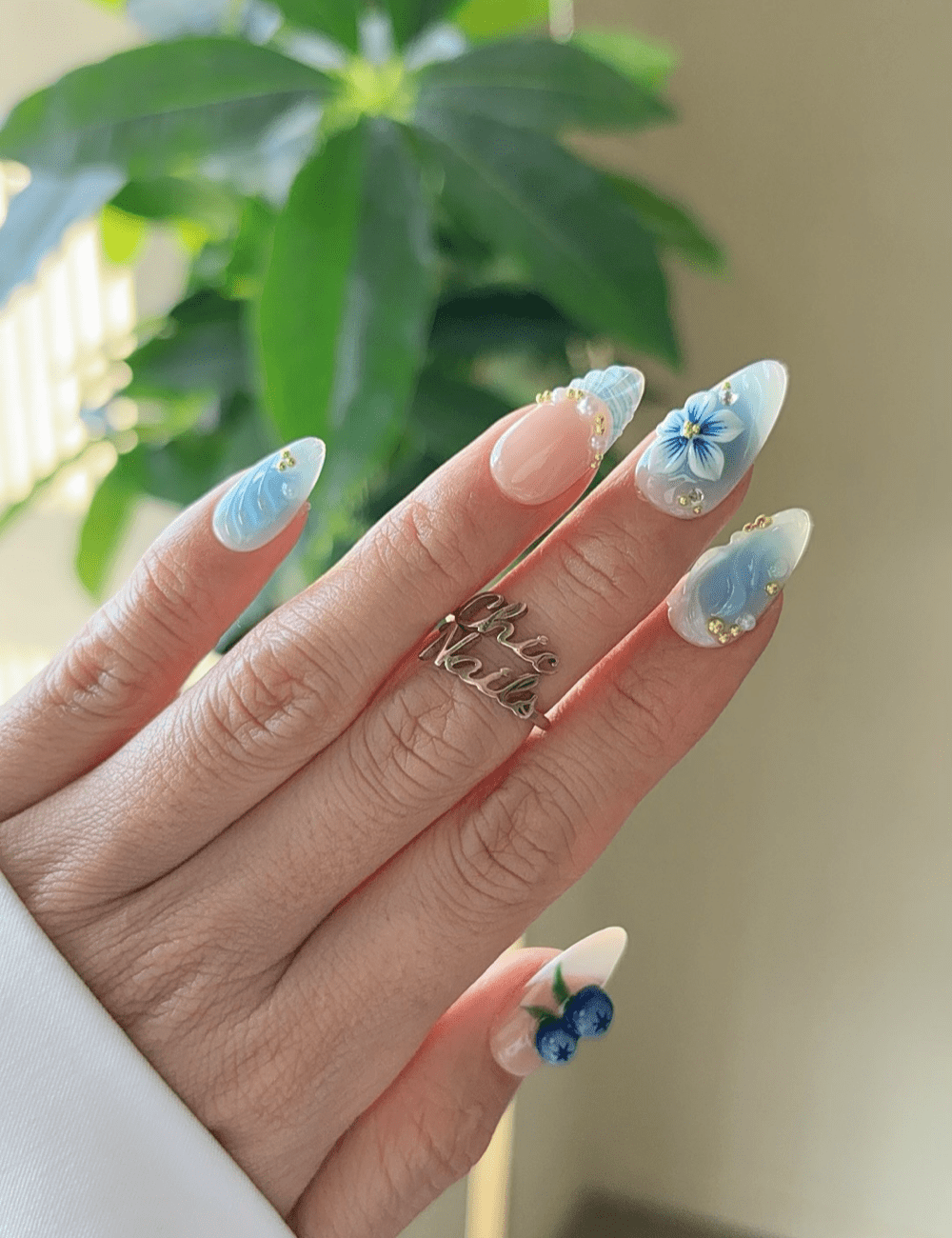 Blue Wave Blossom Press-On Nails – 3D Floral & Ocean-Inspired Design