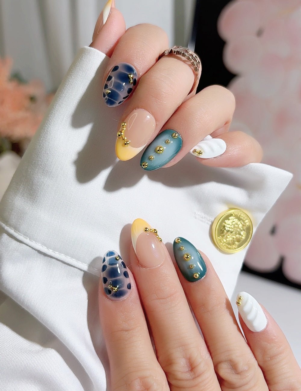 Handmade Press On Nails Blue Green Yellow Mix Design Reusable Fake Nails CHICNAILS