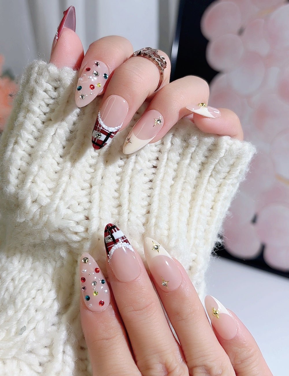 Handmade Press On Nails Christmas Plaid Festive Design Reusable Fake Nails CHICNAILS