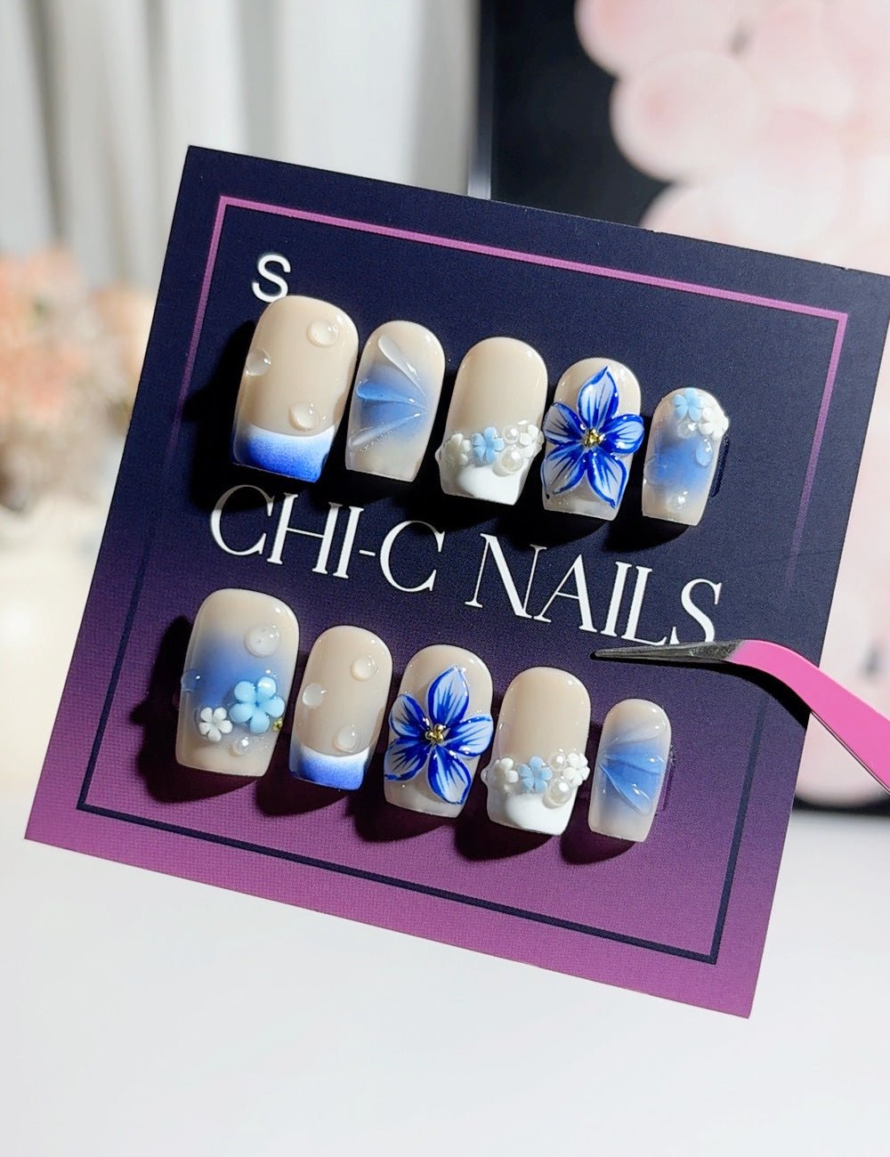 Blue Bloom 3D Flower Medium Square Press-On Nails